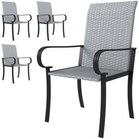 Set of 4 Outdoor Wicker Dining Chairs with Armrest, Steel Frame, High Back and Deep Seating, Gray (Option: Gray-700x620x510 mm)