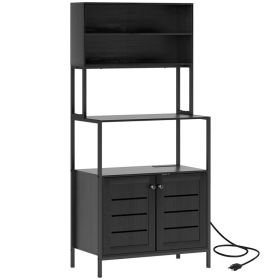 Bakers Rack with Power Outlet and Storage Shelves, Microwave Stand with Louvred Door Cabinets, Black (Option: Black-1050x465x195 mm)